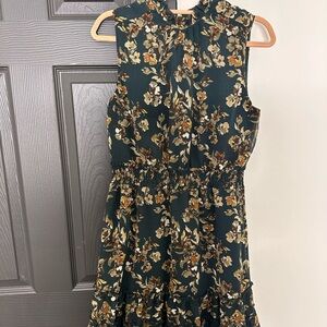 DREW Dark Green Floral Mini Dress